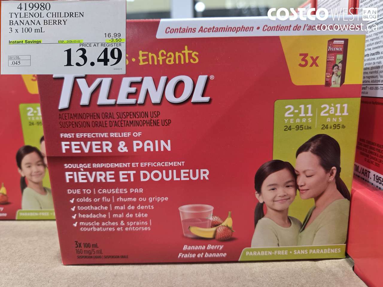 419980 TYLENOL CHILDREN BANANA BERRY 3 x 100 mL ($3.50 INSTANT SAVINGS EXPIRES ON 2026-03-01) $13.49