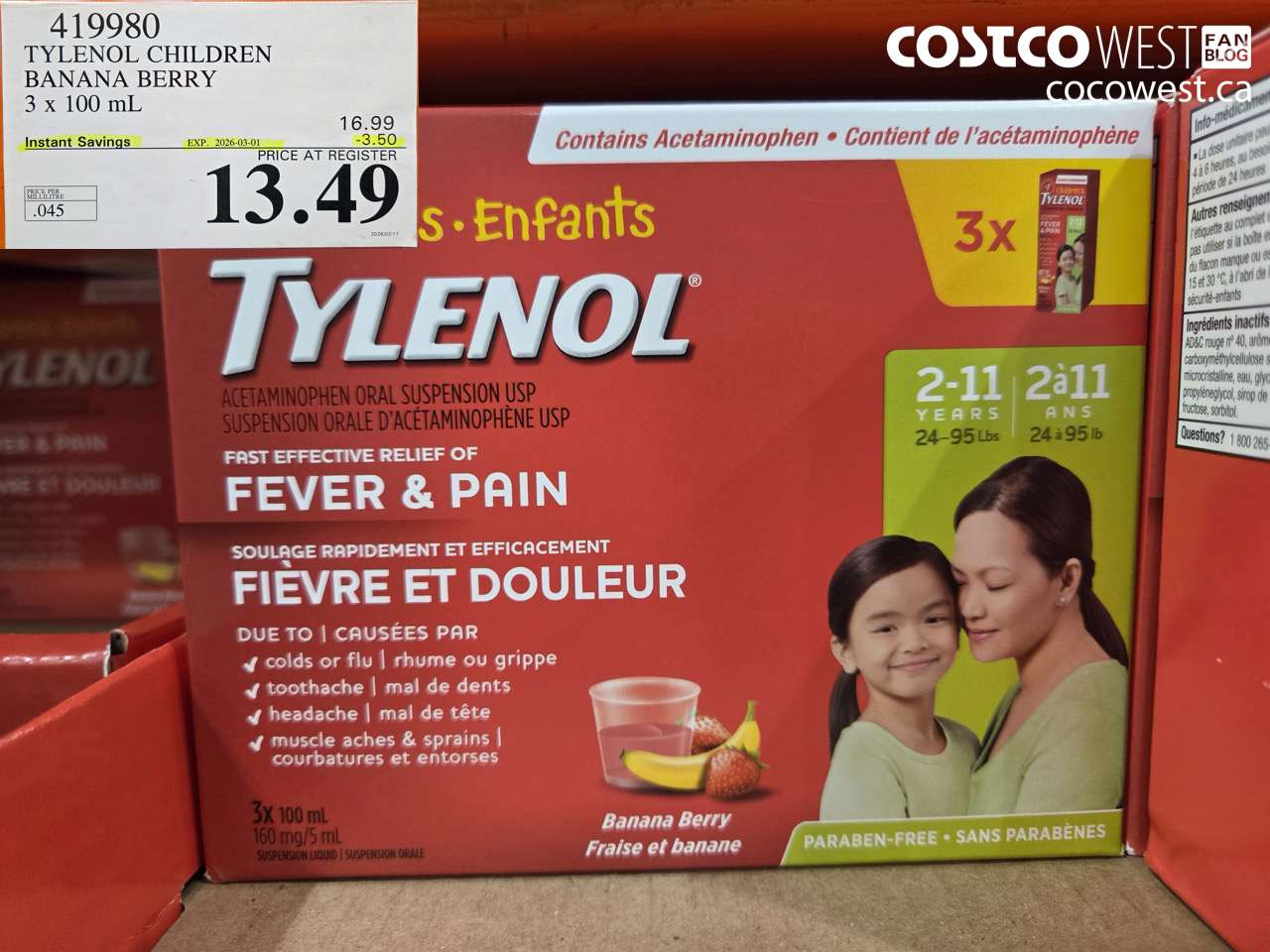 419980 TYLENOL CHILDREN BANANA BERRY 3 x 100 mL ($3.50 INSTANT SAVINGS EXPIRES ON 2026-03-01) $13.49