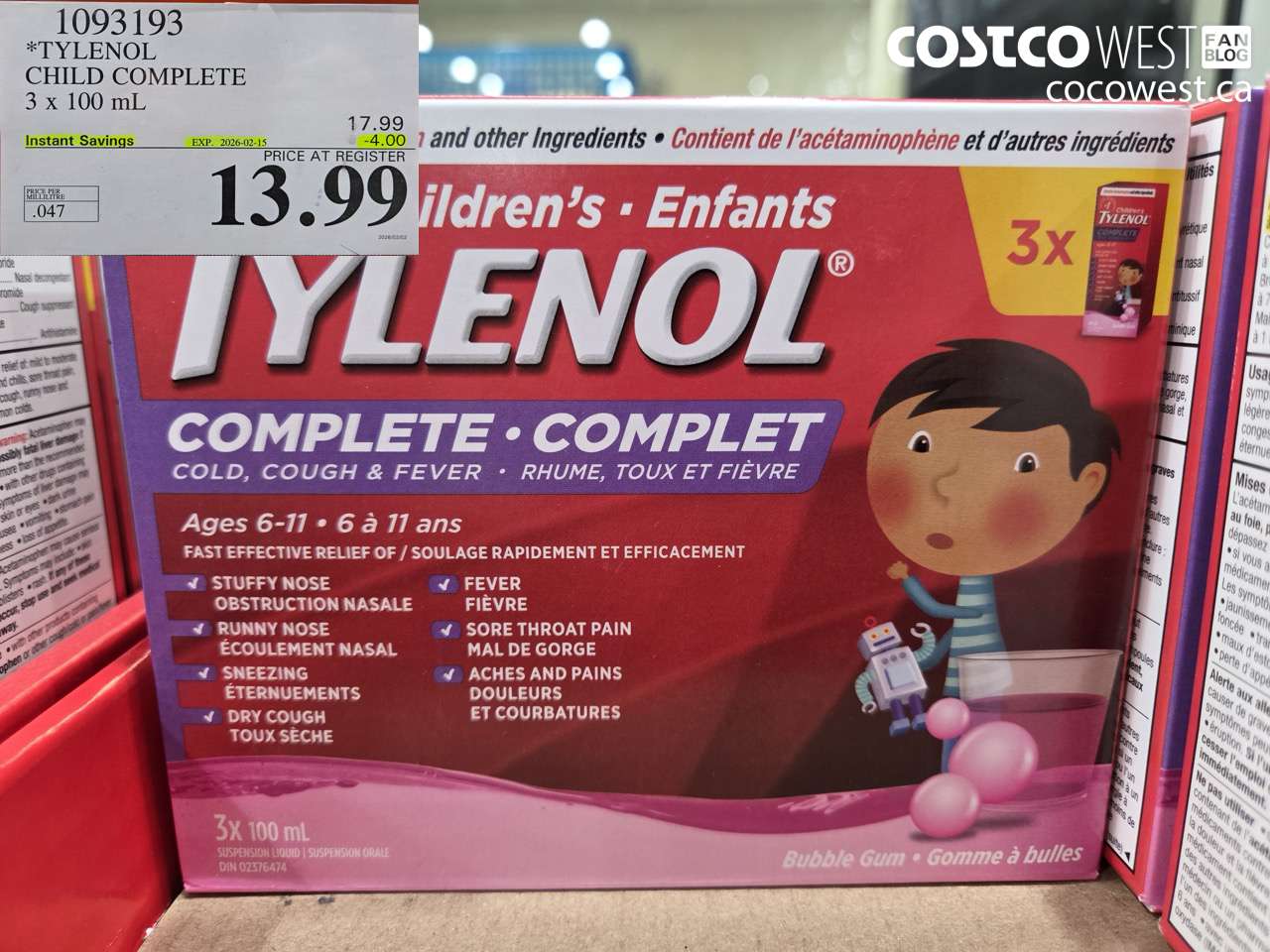 1093193 TYLENOL CHILD COMPLETE 3 X 100 ML ($4.00 INSTANT SAVINGS EXPIRES ON 2026-02-15) $13.99