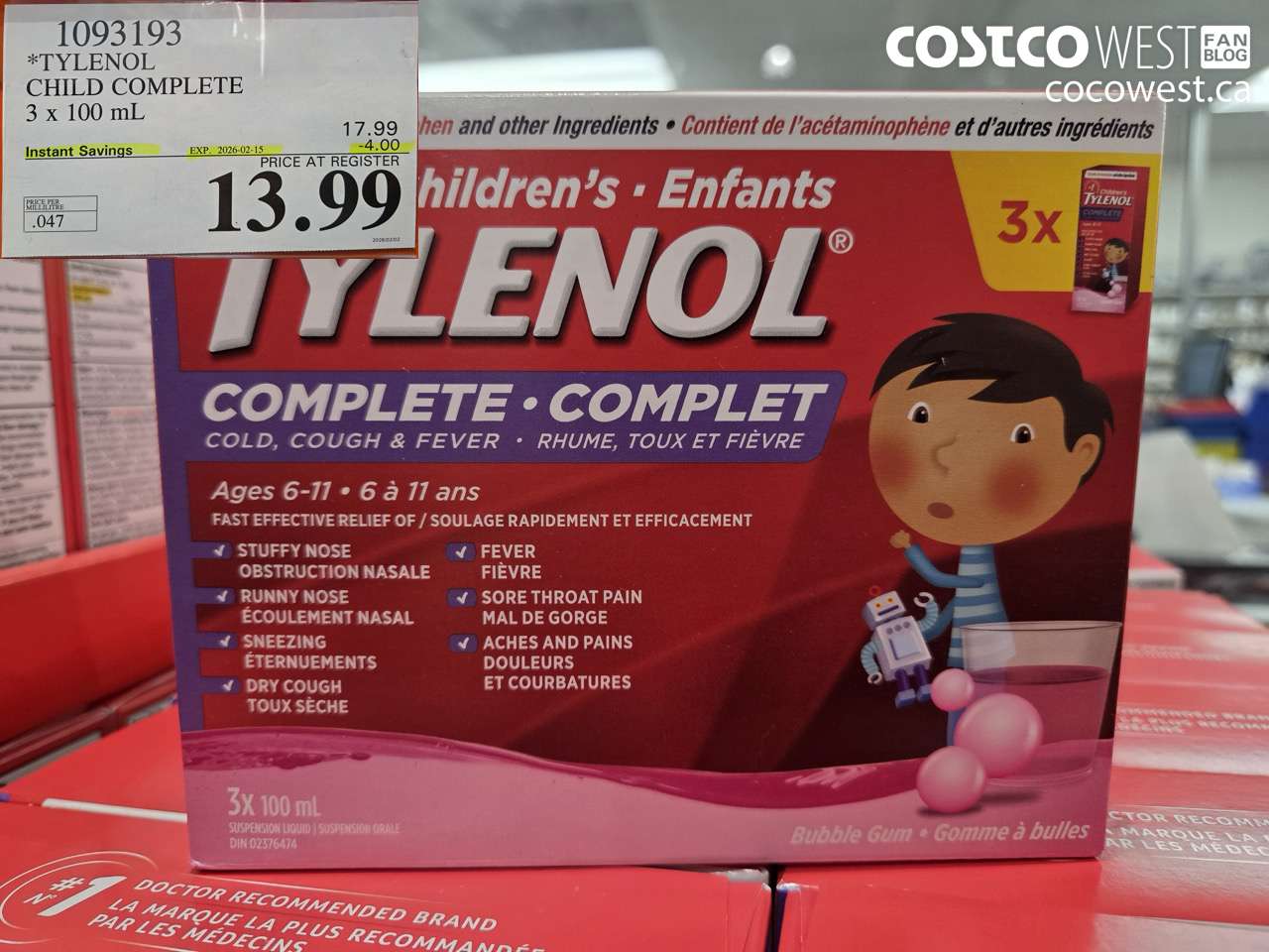 1093193 TYLENOL CHILD COMPLETE 3 x 100 mL ($4.00 INSTANT SAVINGS EXPIRES ON 2026-02-15) $13.99