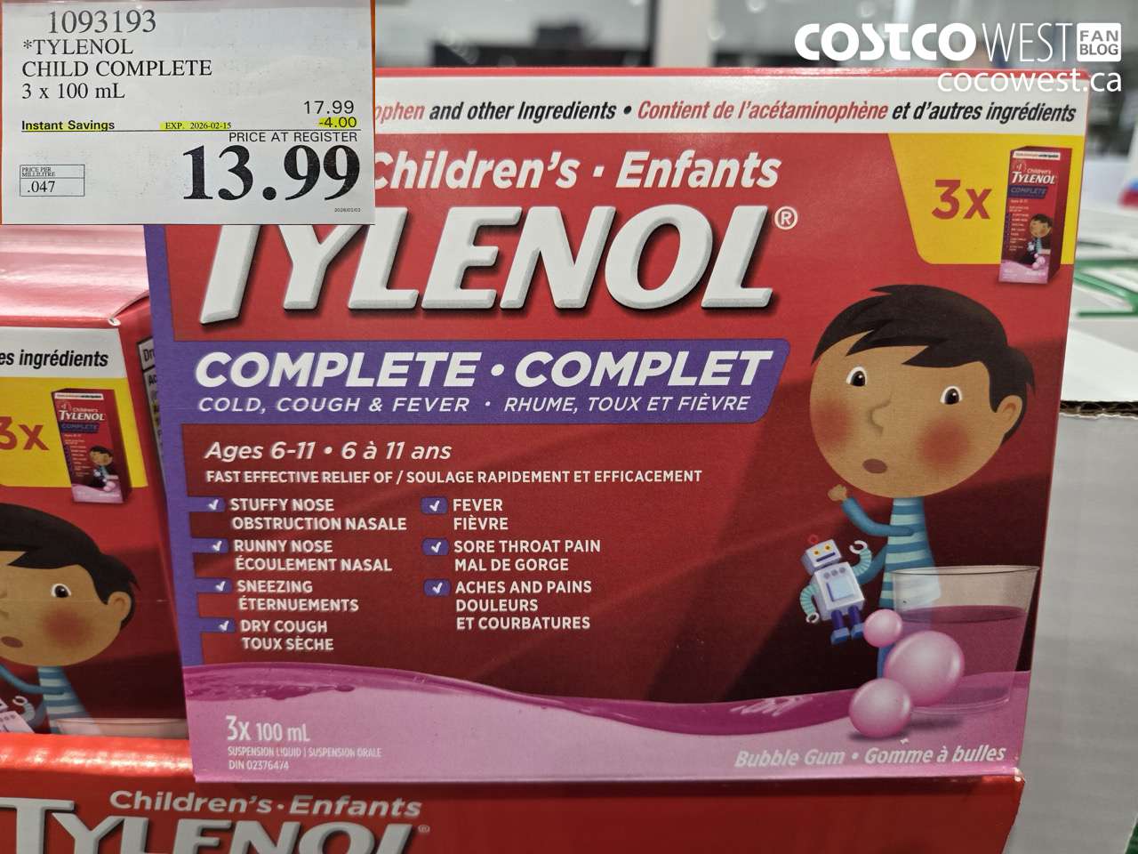 1093193 TYLENOL CHILD COMPLETE 3 x 100 mL ($4.00 INSTANT SAVINGS EXPIRES ON 2026-02-15) $13.99