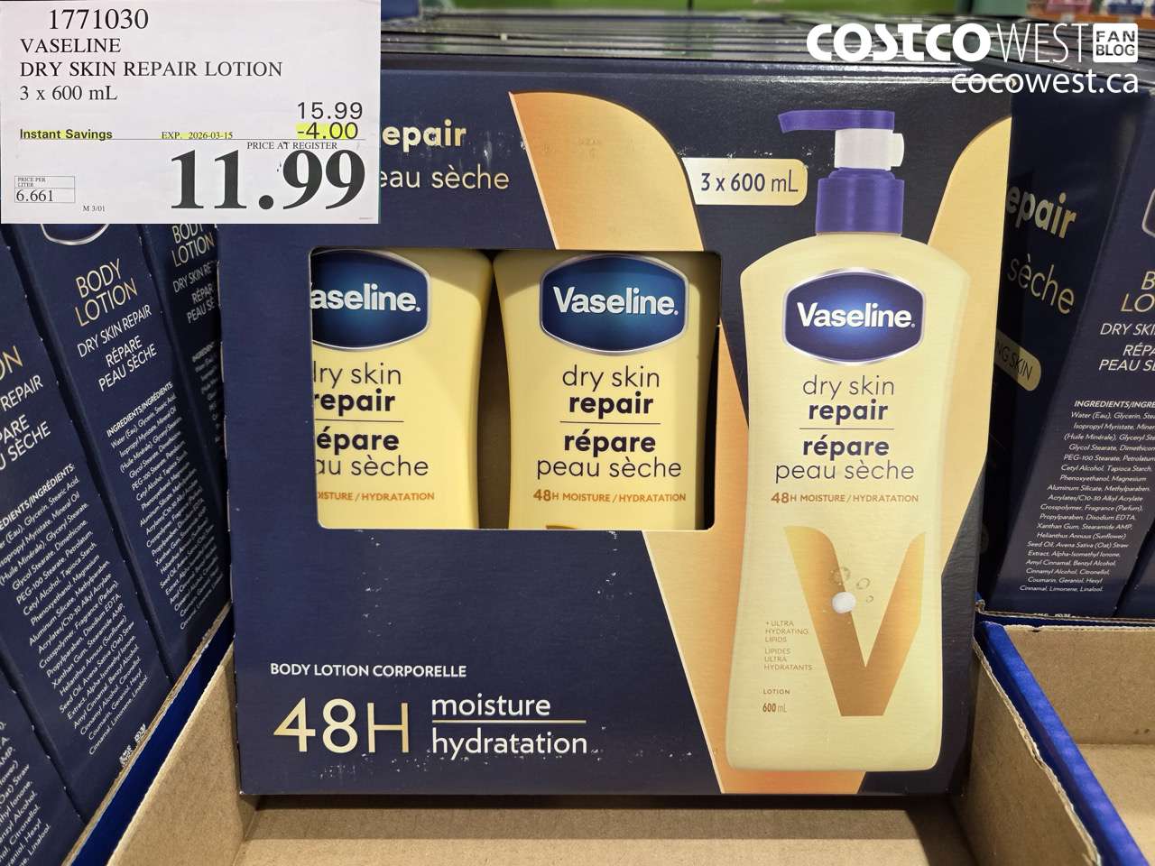 1771030 VASELINE DRY SKIN REPAIR LOTION 3 X 600 ML ($4.00 INSTANT SAVINGS EXPIRES ON 2026-03-15) $11.99