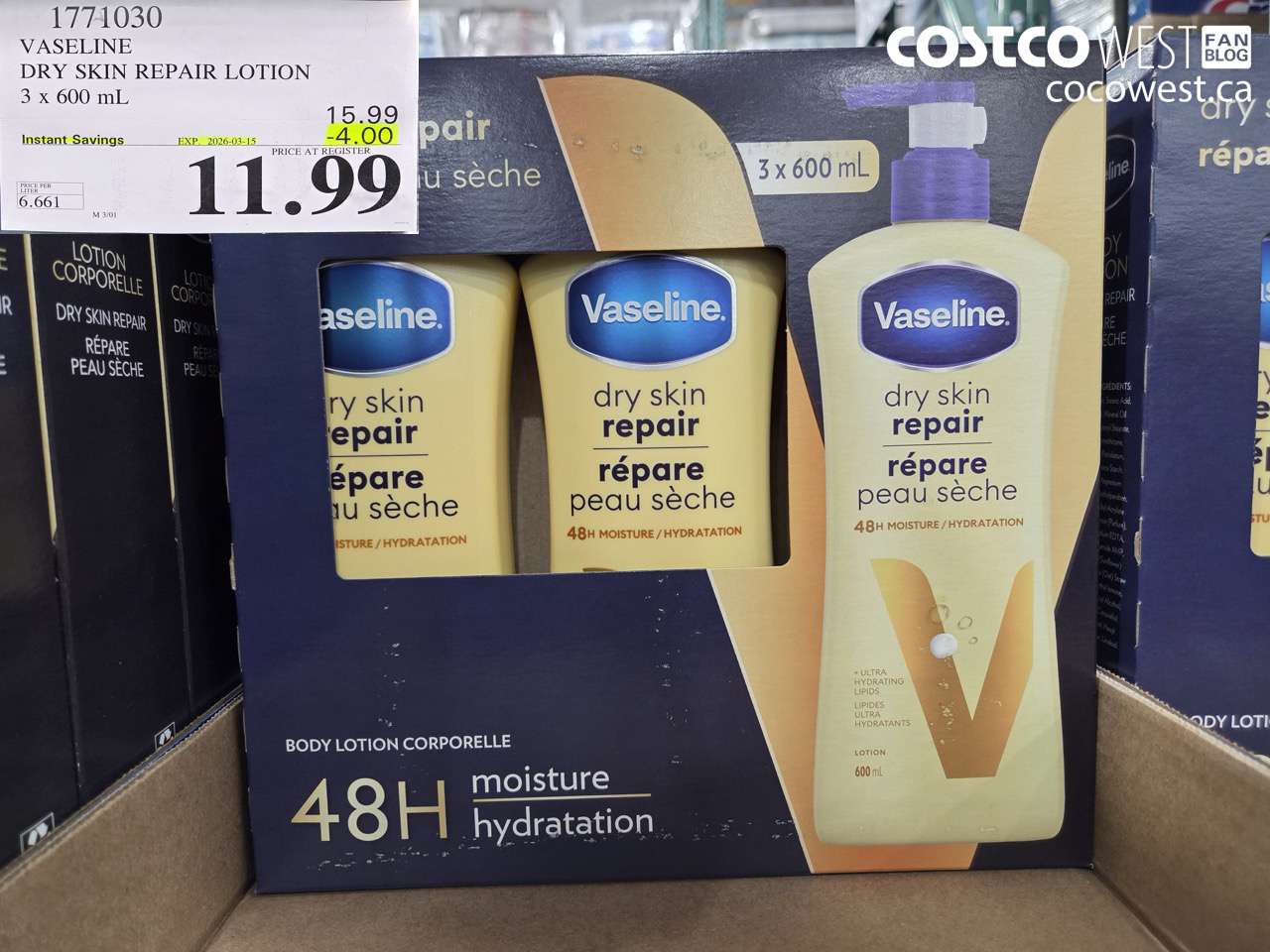 1771030 VASELINE DRY SKIN REPAIR LOTION 3 x 600 mL ($4.00 INSTANT SAVINGS EXPIRES ON 2026-03-15) $11.99