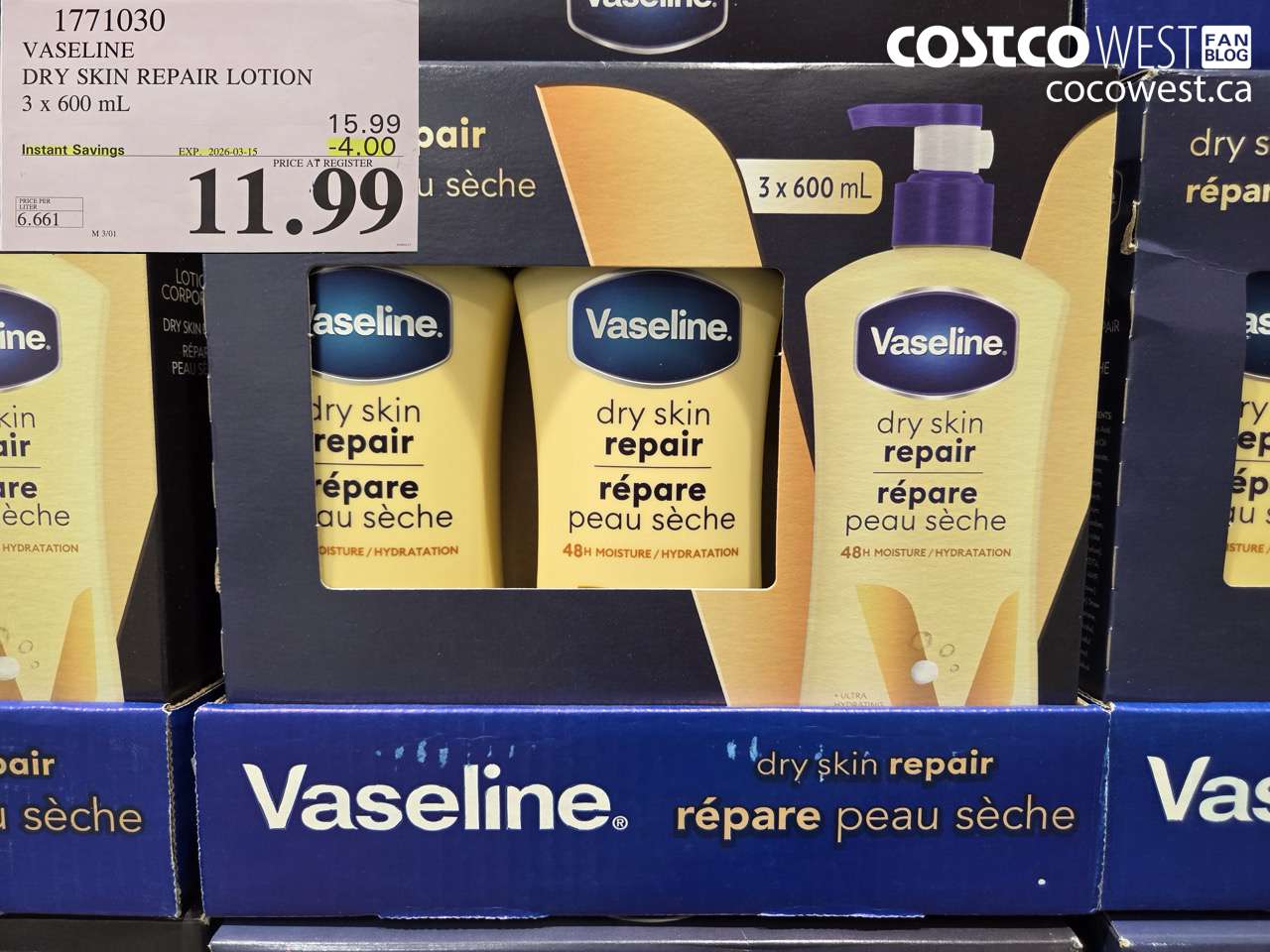1771030 VASELINE DRY SKIN REPAIR LOTION 3 x 600 mL ($4.00 INSTANT SAVINGS EXPIRES ON 2026-03-15) $11.99