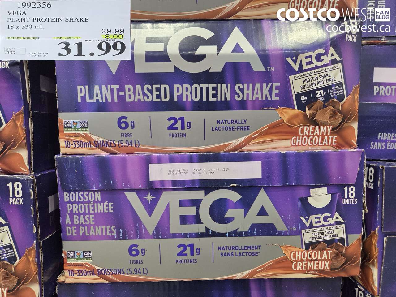 1992356 VEGA PLANT PROTEIN SHAKE 18 X 330 ML ($8.00 INSTANT SAVINGS EXPIRES ON 2026-03-15) $31.99
