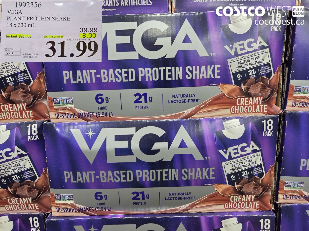 1992356 VEGA PLANT PROTEIN SHAKE 18 x 330 mL ($8.00 INSTANT SAVINGS EXPIRES ON 2026-03-15) $31.99