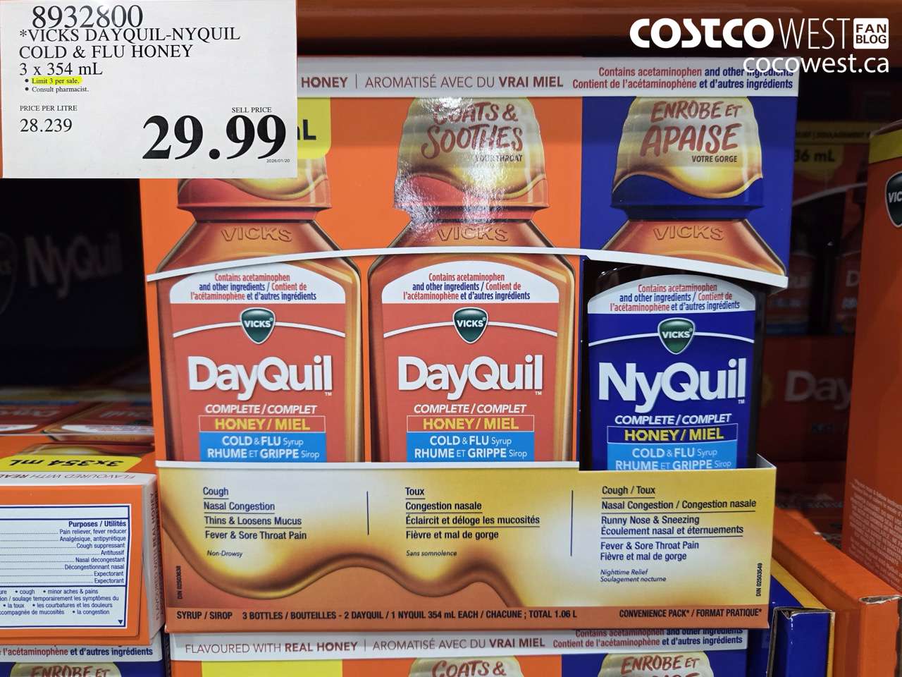 8932800 VICKS DAYQUIL-NYQUIL COLD & FLU HONEY 3 x 354 mL $29.99