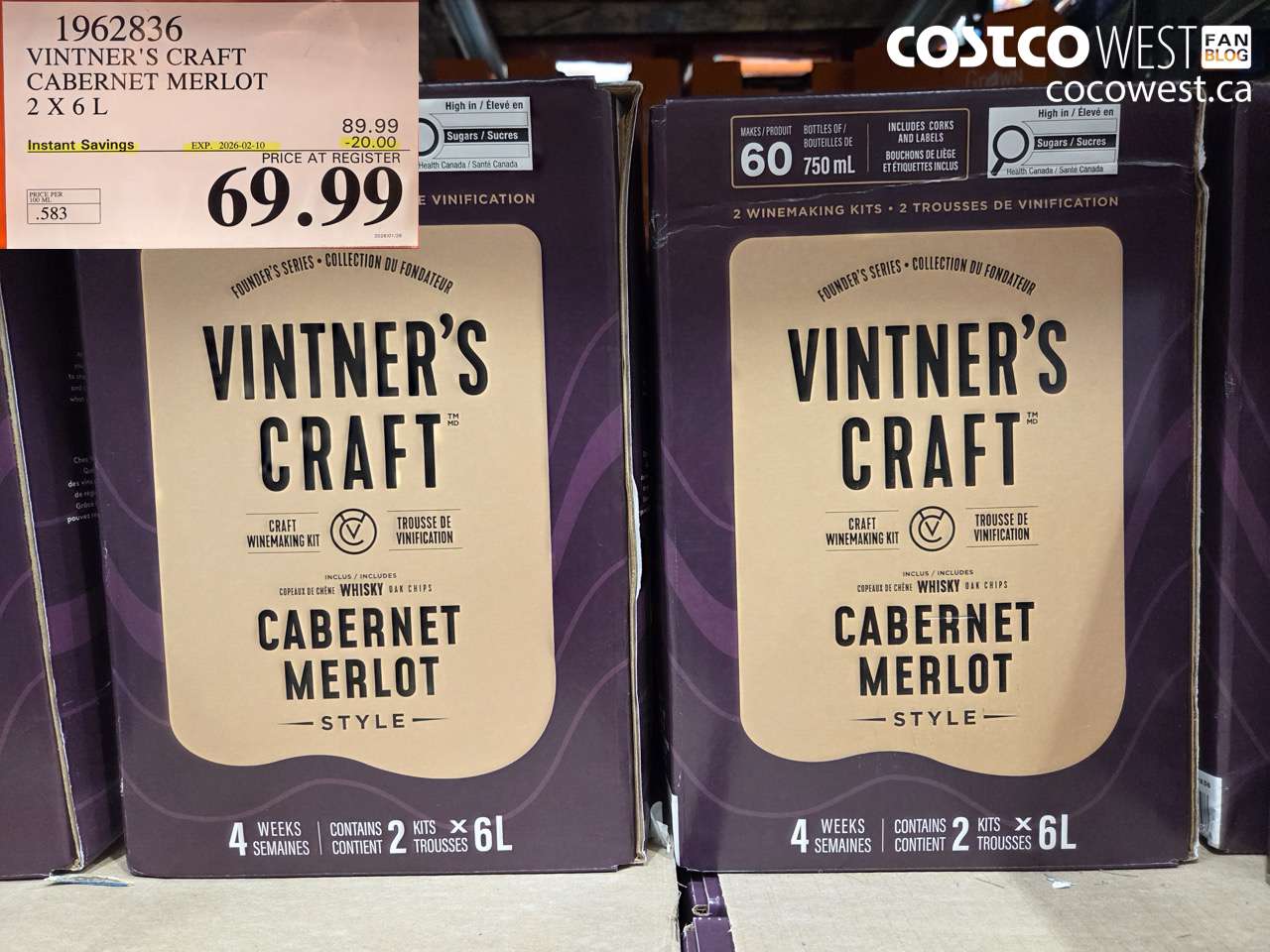 1962836 VINTNER'S CRAFT CABERNET MERLOT 2 X 6 L ($20.00 INSTANT SAVINGS EXPIRES ON 2026-02-10) $69.99