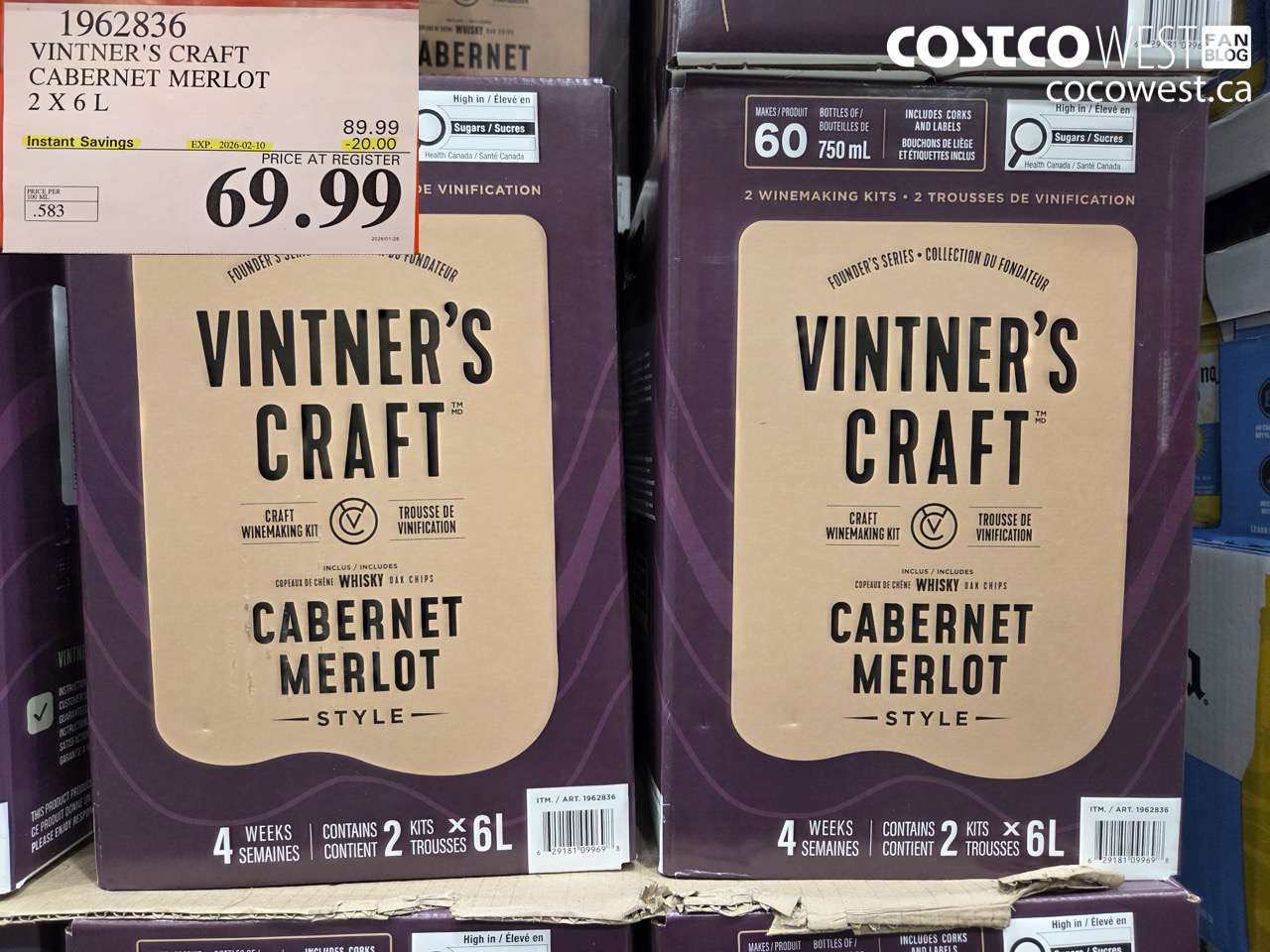 1962836 VINTNER'S CRAFT CABERNET MERLOT 2 X 6 L ($20.00 INSTANT SAVINGS EXPIRES ON 2026-02-10) $69.99