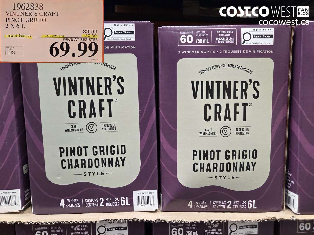 1962838 VINTNER'S CRAFT PINOT GRIGIO 2 X 6 L ($20.00 INSTANT SAVINGS EXPIRES ON 2026-02-10) $69.99