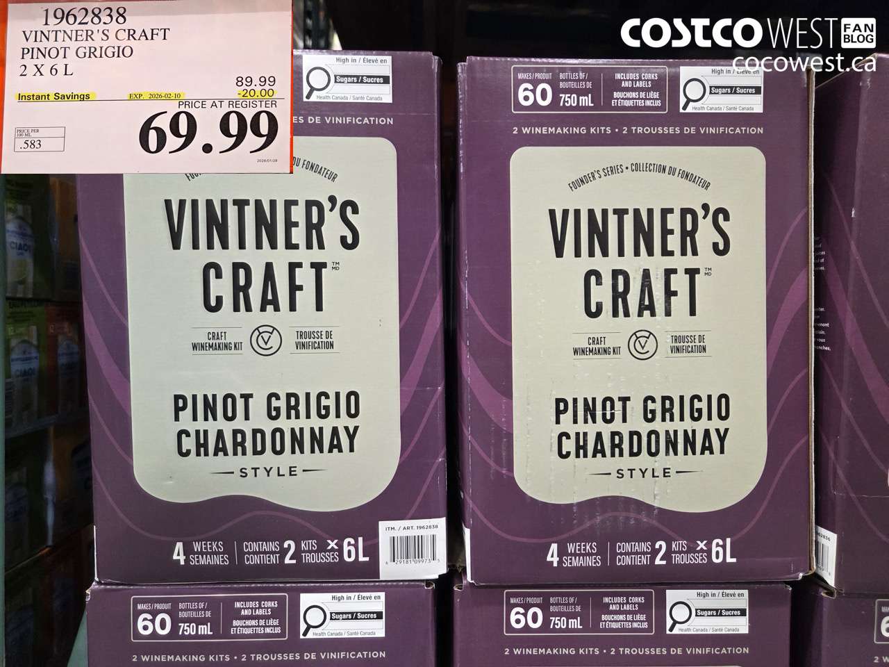 1962838 VINTNER'S CRAFT PINOT GRIGIO 2 X 6 L ($20.00 INSTANT SAVINGS EXPIRES ON 2026-02-10) $69.99