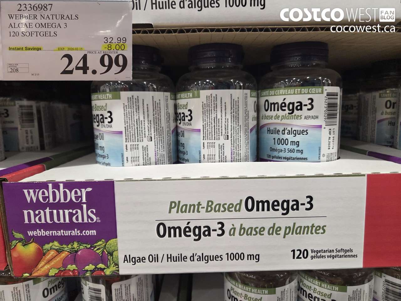 2336987 WEBBER NATURALS ALGAE OMEGA 3 120 SOFTGELS ($8.00 INSTANT SAVINGS EXPIRES ON 2026-02-15) $24.99