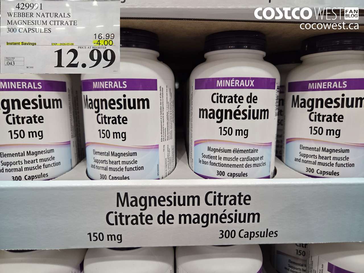 429991 WEBBER NATURALS MAGNESIUM CITRATE 300 CAPSULES ($4.00 INSTANT SAVINGS EXPIRES ON 2026-03-08) $12.99