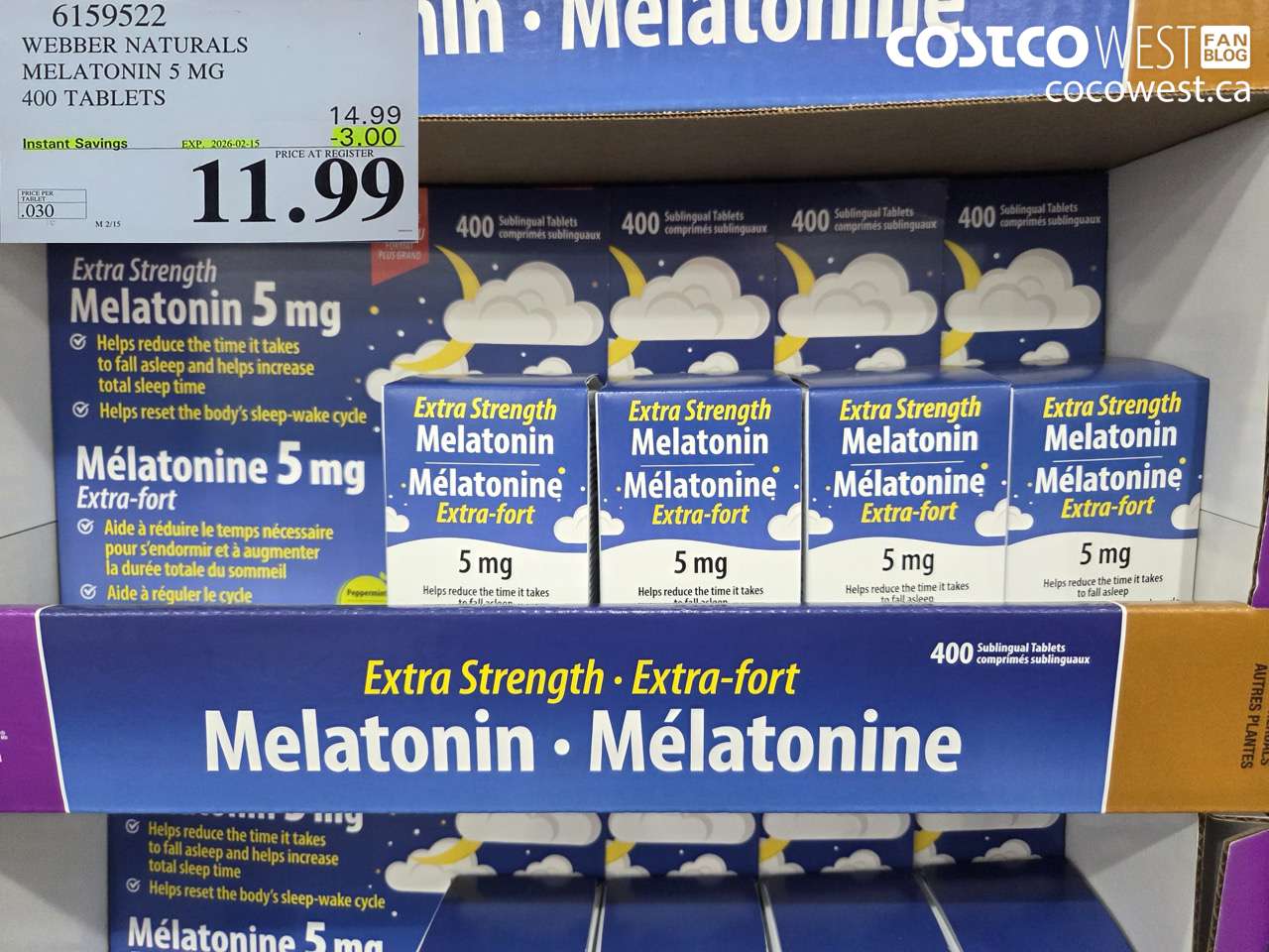 6159522 WEBBER NATURALS MELATONIN 5 MG 400 TABLETS ($3.00 INSTANT SAVINGS EXPIRES ON 2026-02-15) $11.99