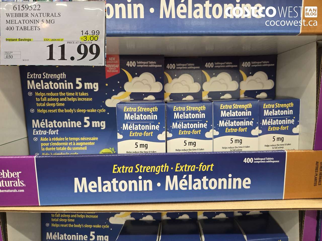 6159522 WEBBER NATURALS MELATONIN 5 MG 400 TABLETS ($3.00 INSTANT SAVINGS EXPIRES ON 2026-02-15) $11.99