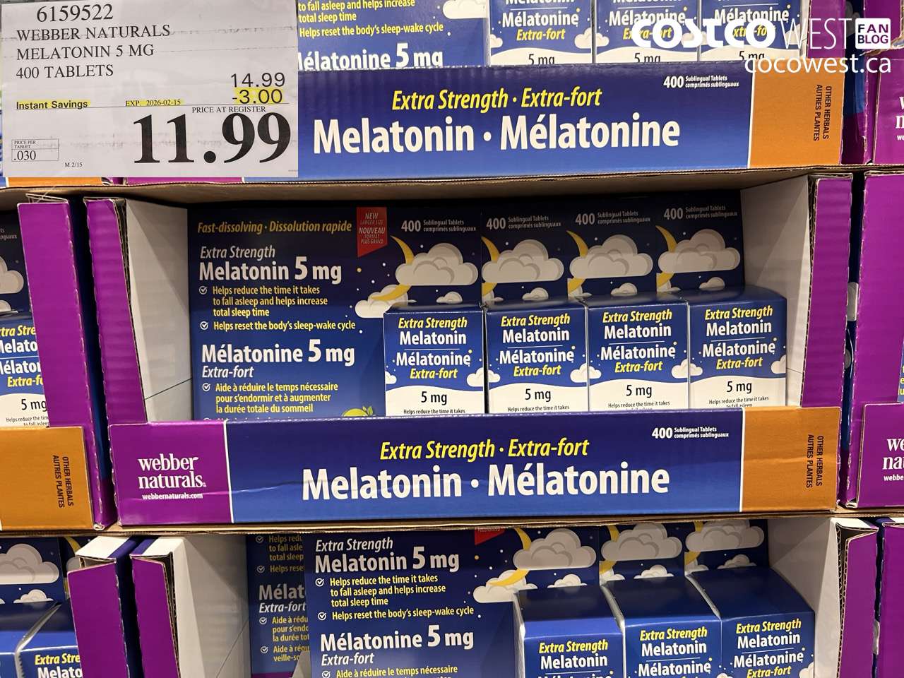 6159522 WEBBER NATURALS MELATONIN 5 MG 400 TABLETS ($3.00 INSTANT SAVINGS EXPIRES ON 2026-02-15) $11.99