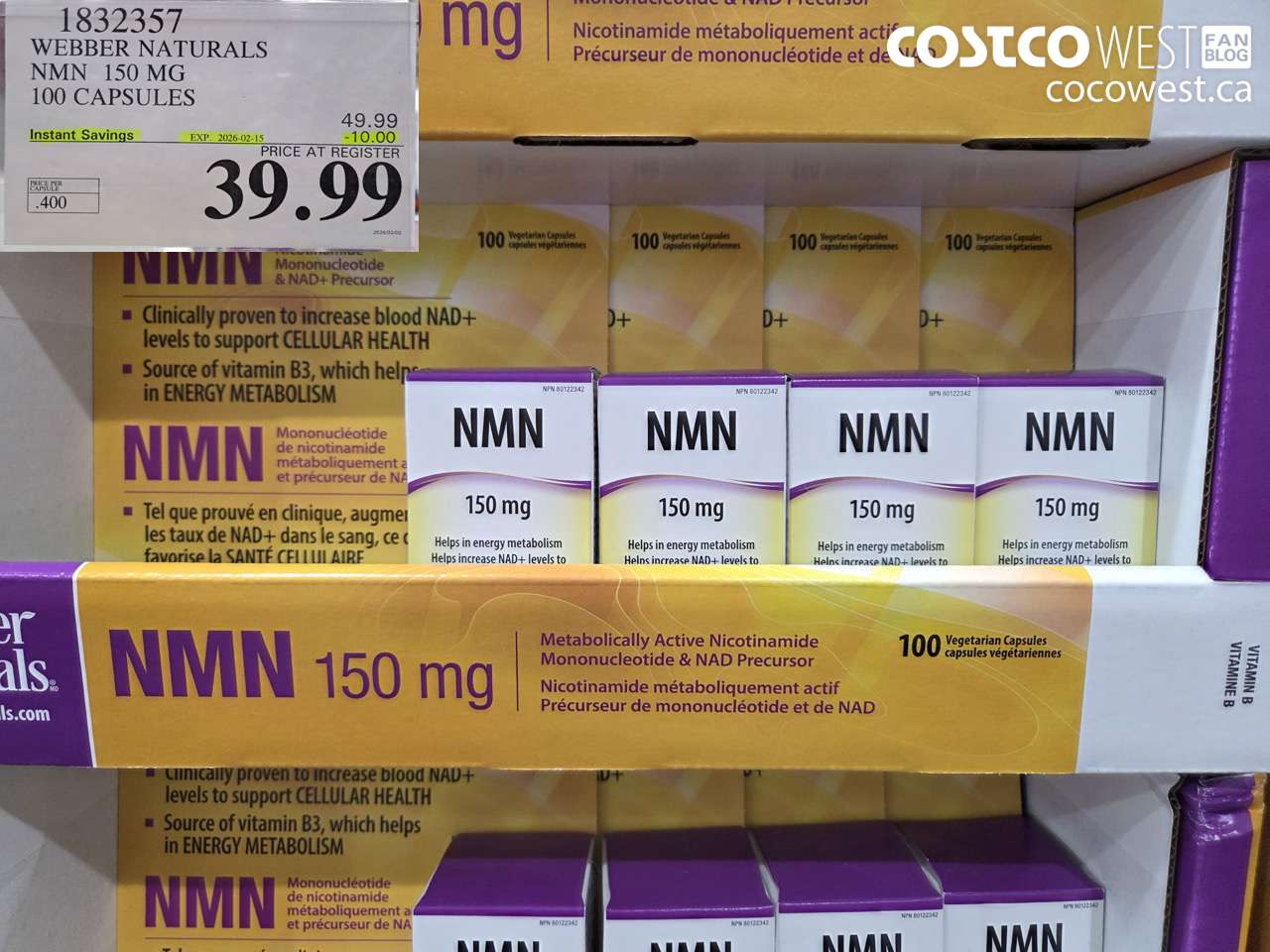 1832357 WEBBER NATURALS NMN 150MG 100 CAPSULES ($10.00 INSTANT SAVINGS EXPIRES ON 2026-02-15) $39.99