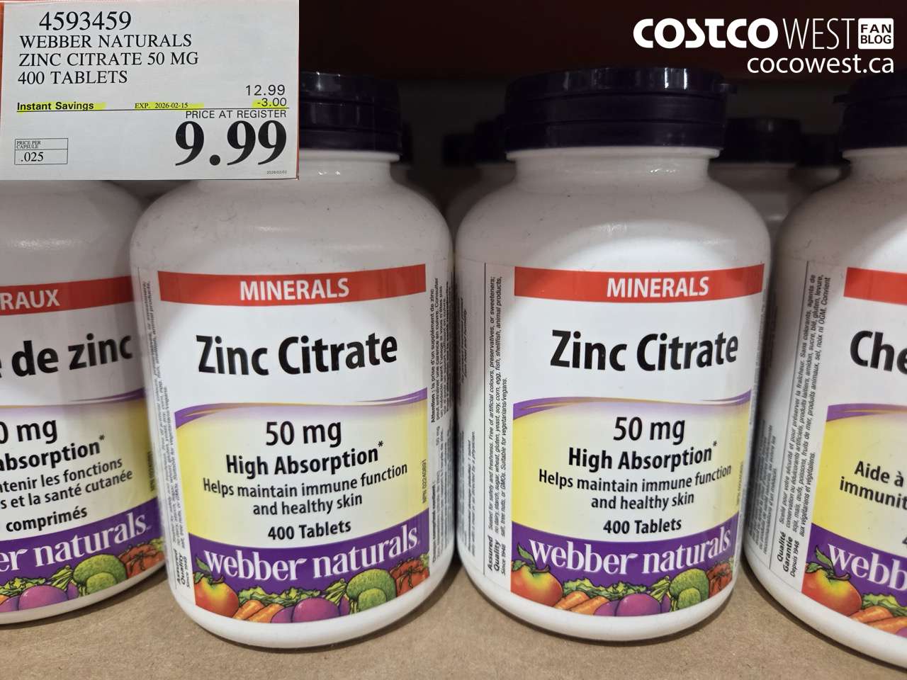 4593459 WEBBER NATURALS ZINC CITRATE 50 MG 400 TABLETS ($3.00 INSTANT SAVINGS EXPIRES ON 2026-02-15) $9.99