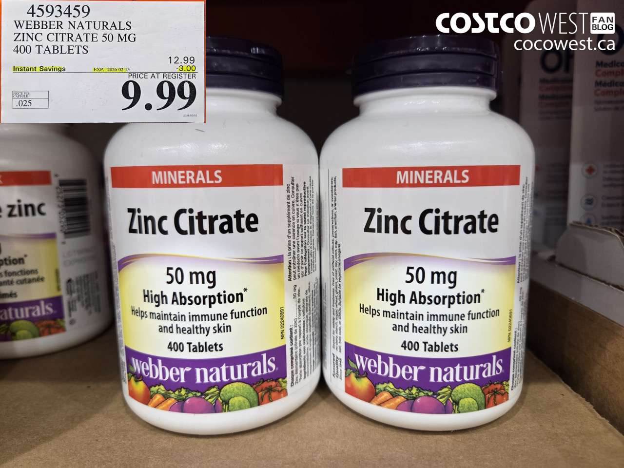 4593459 WEBBER NATURALS ZINC CITRATE 50 MG 400 TABLETS ($3.00 INSTANT SAVINGS EXPIRES ON 2026-02-15) $9.99