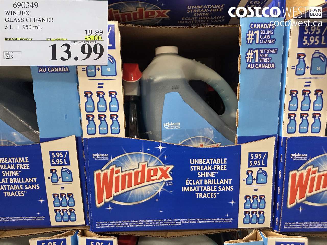 690349 WINDEX GLASS CLEANER 5 L + 950 ml ($5.00 INSTANT SAVINGS EXPIRES ON 2026-02-15) $13.99