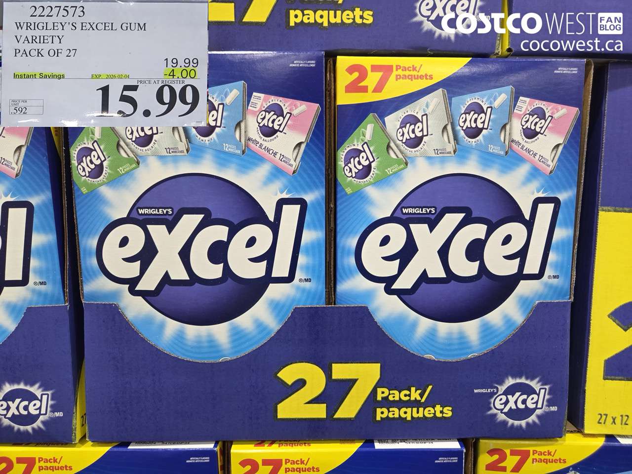 2227573 WRIGLEY'S EXCEL GUM VARIETY PACK OF 27 ($4.00 INSTANT SAVINGS EXPIRES ON 2026-02-04) $15.99