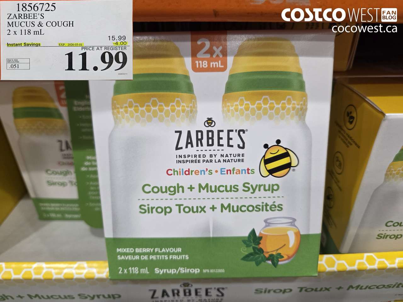 1856725 ZARBEE'S MUCUS & COUGH 2 X 118 ML ($4.00 INSTANT SAVINGS EXPIRES ON 2026-03-01) $11.99