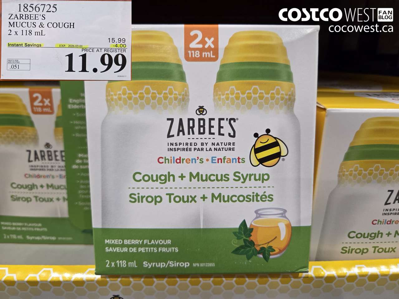 18567525 ZARBEE'S MUCUS & COUGH 2 X 118 ML ($4.00 INSTANT SAVINGS EXPIRES ON 2026-03-01) $11.99