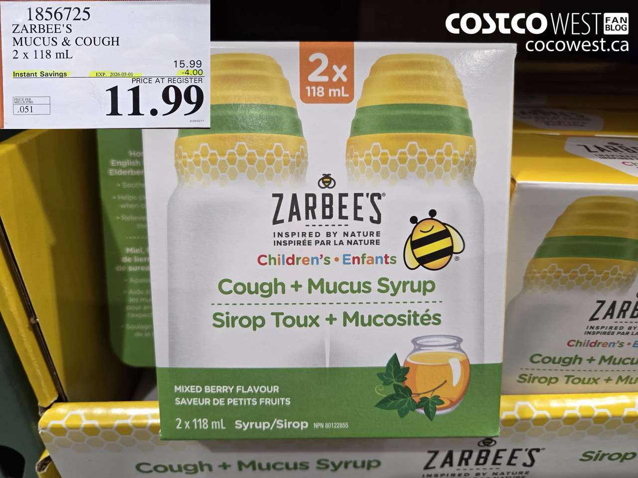 1856725 ZARBEE'S MUCUS & COUGH 2 x 118 mL ($4.00 INSTANT SAVINGS EXPIRES ON 2026-03-01) $11.99