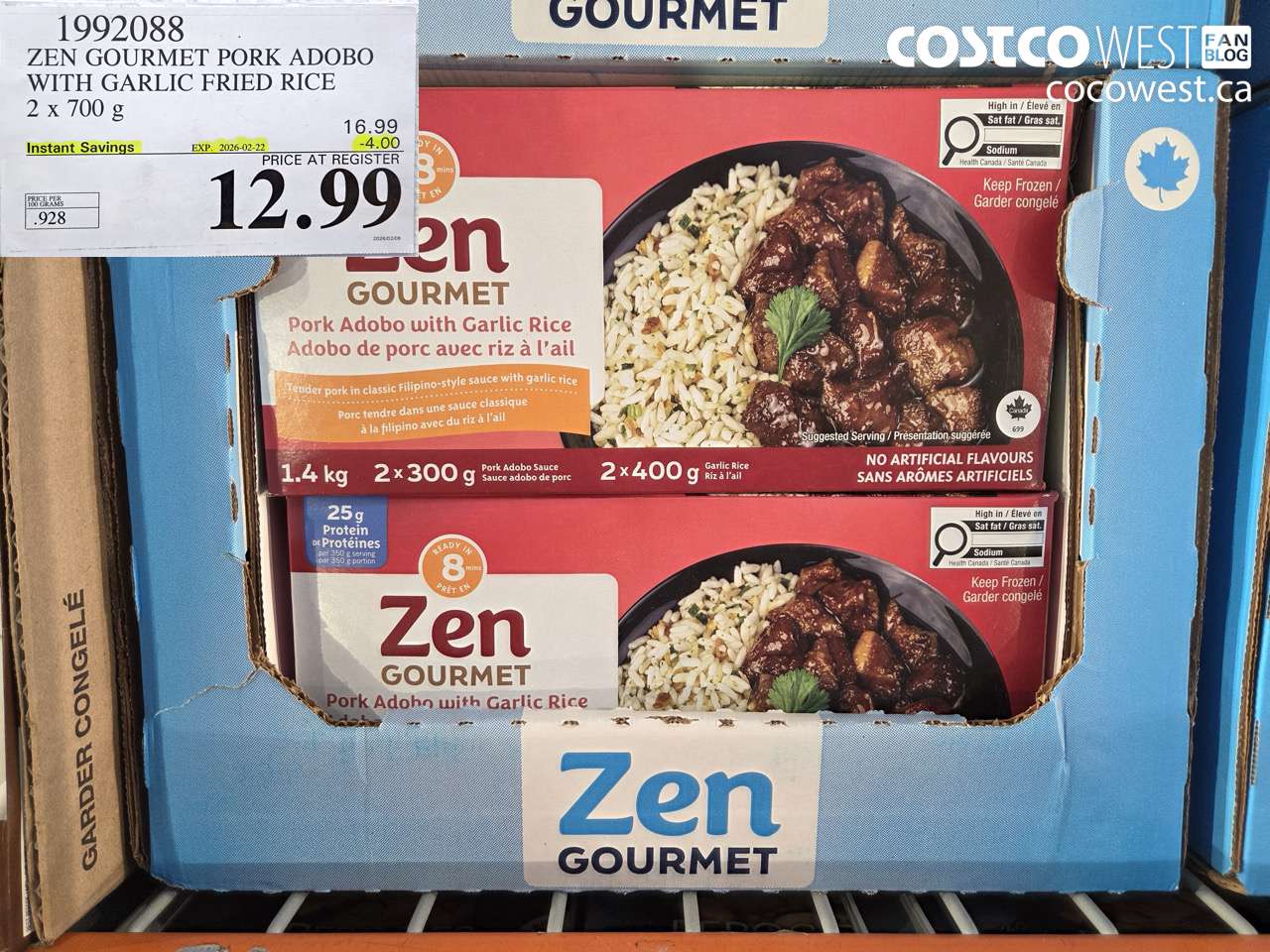 1992088 ZEN GOURMET PORK ADOBO WITH GARLIC FRIED RICE 2 X 700G ($4.00 INSTANT SAVINGS EXPIRES ON 2026-02-22) $12.99