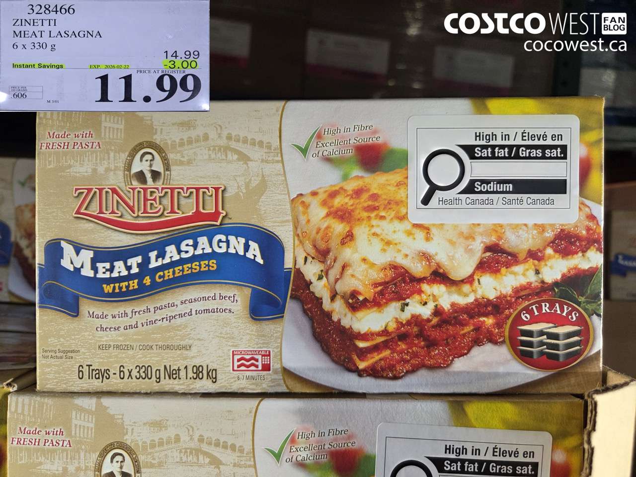 328466 ZINETTI MEAT LASAGNA 6 x 330 g ($3.00 INSTANT SAVINGS EXPIRES ON 2026-02-22) $11.99
