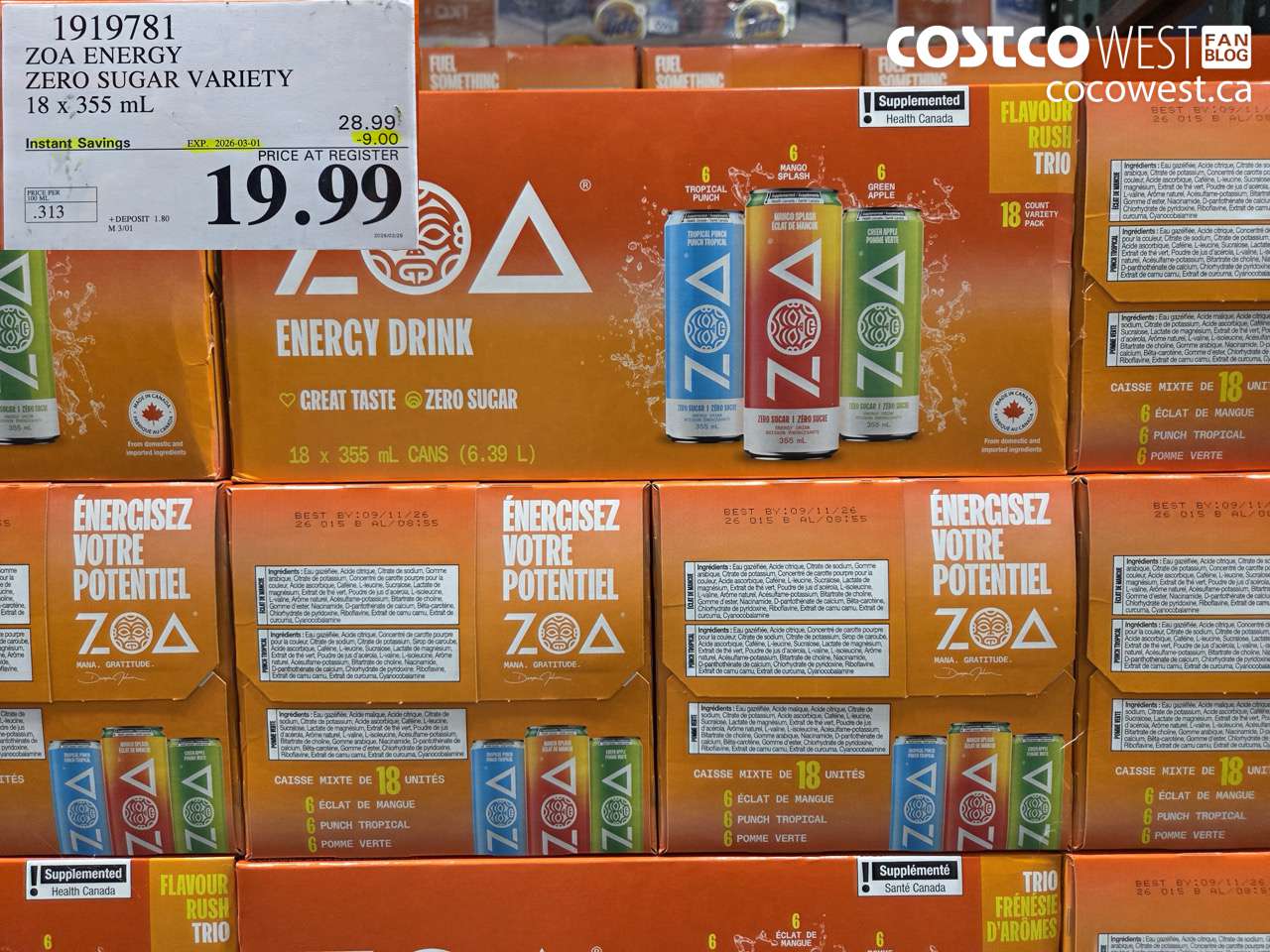 1919781 ZOA ENERGY ZERO SUGAR VARIETY 18 X 355 ML ($9.00 INSTANT SAVINGS EXPIRES ON 2026-03-01) $19.99