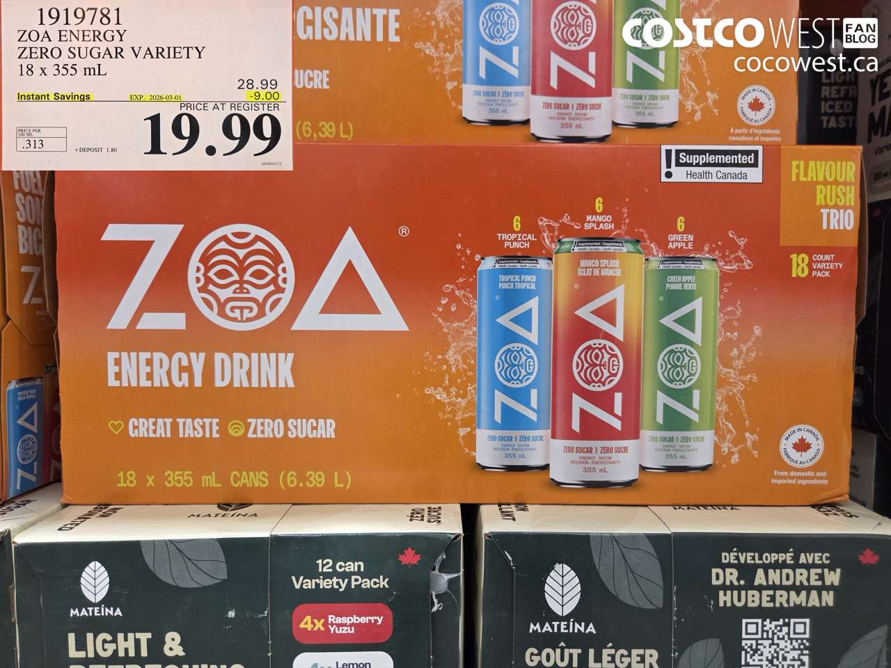 1919781 ZOA ENERGY ZERO SUGAR VARIETY 18 x 355 mL ($9.00 INSTANT SAVINGS EXPIRES ON 2026-03-01) $19.99