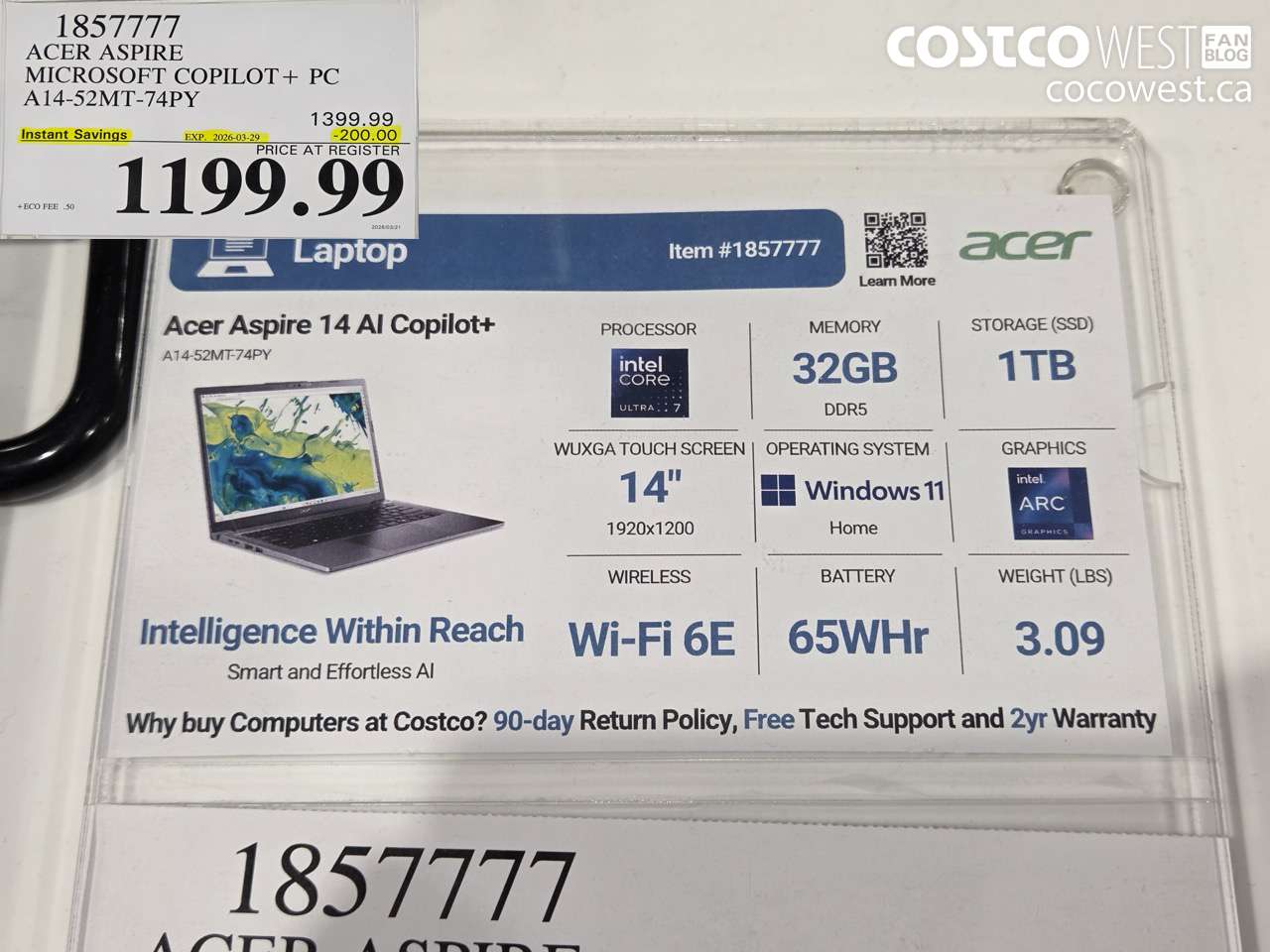 1857777 ACER ASPIRE MICROSOFT COPILOT + PC A14-52MT-74PY ($200.00 INSTANT SAVINGS EXPIRES ON 2026-03-29) $1199.99