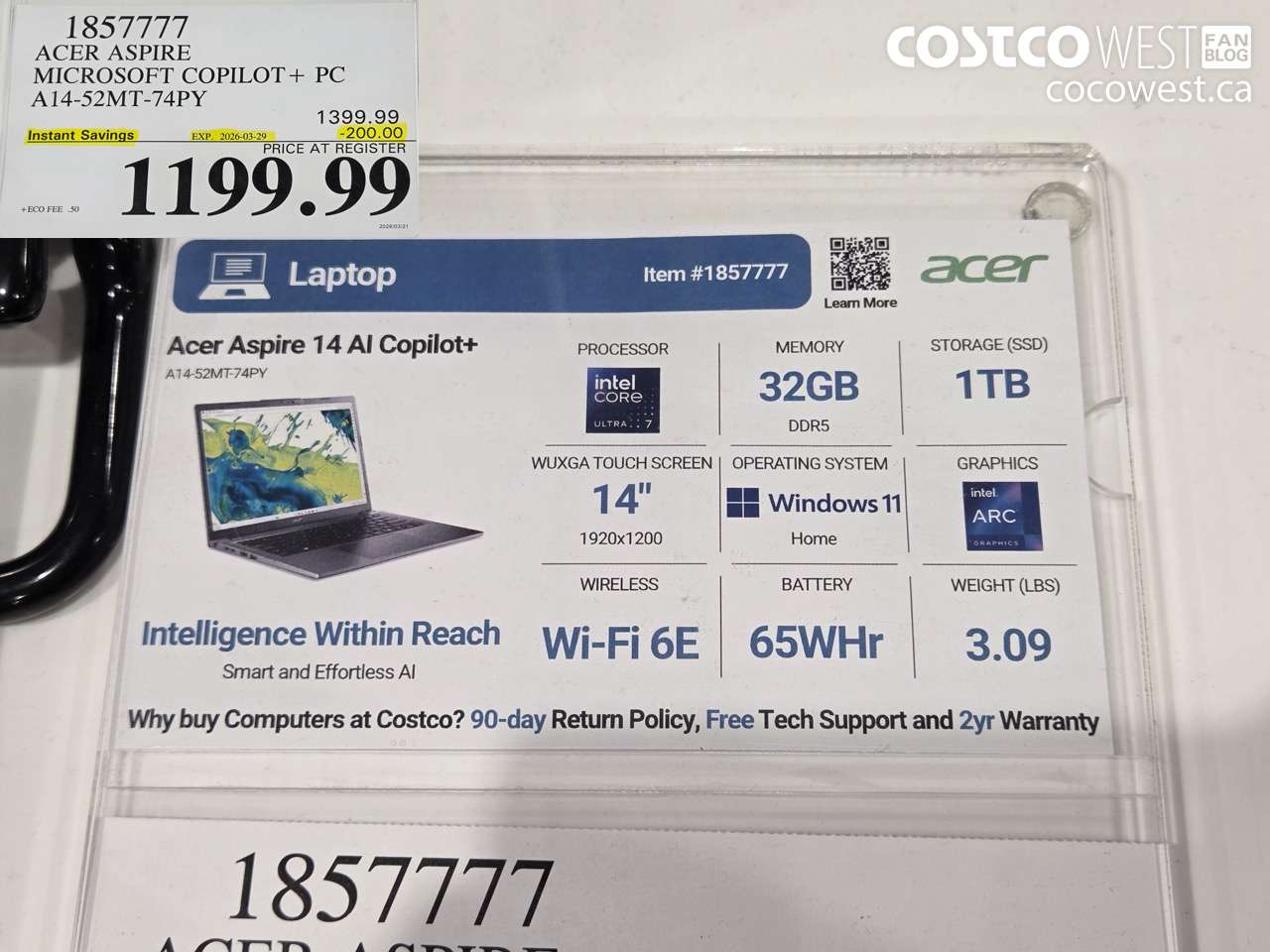 1857777 ACER ASPIRE MICROSOFT COPILOT + PC A14-52MT-74PY ($200.00 INSTANT SAVINGS EXPIRES ON 2026-03-29) $1199.99