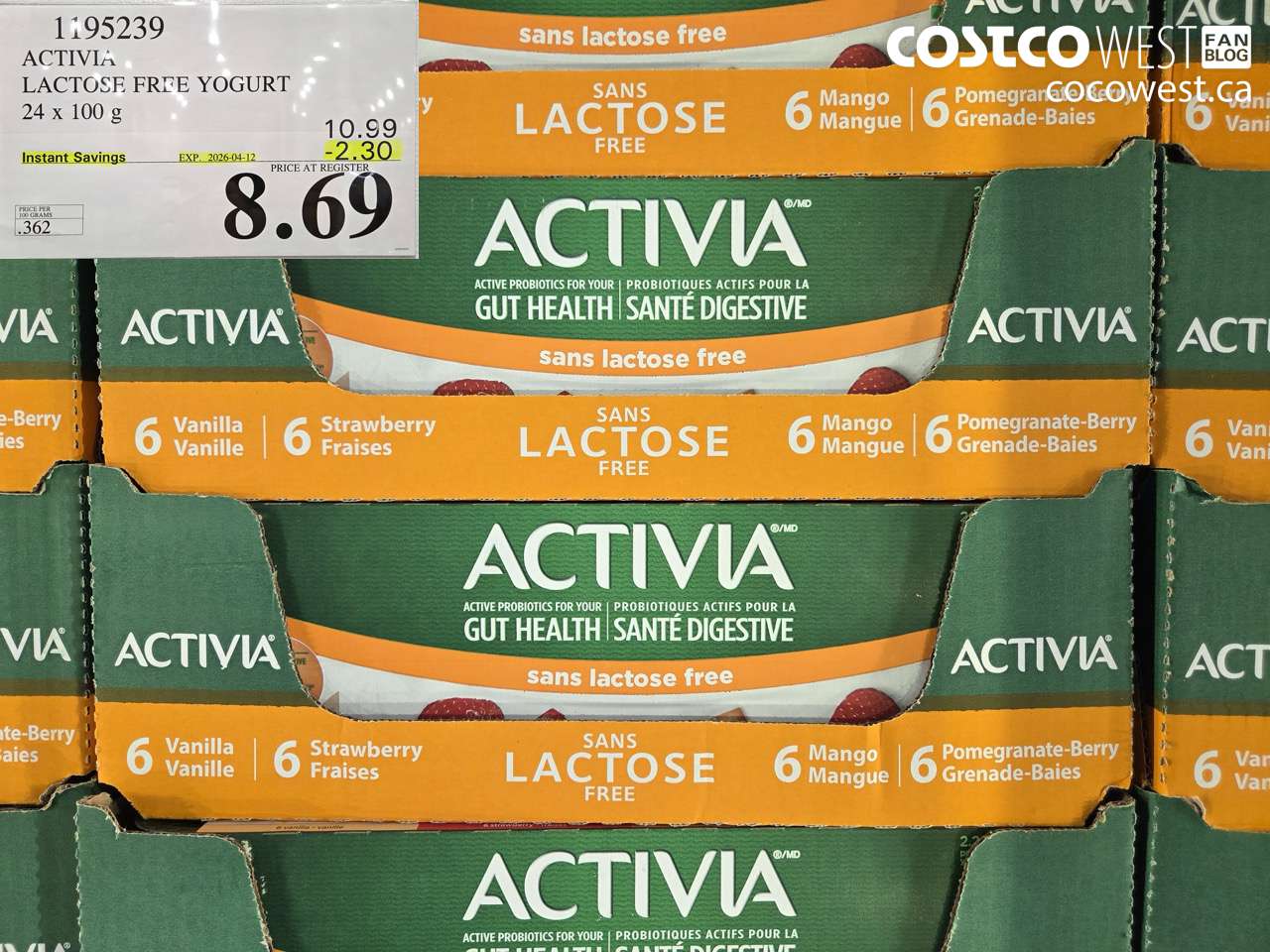 1195239 ACTIVIA LACTOSE FREE YOGURT 24 X 100 G ($2.30 INSTANT SAVINGS EXPIRES ON 2026-04-12) $8.69