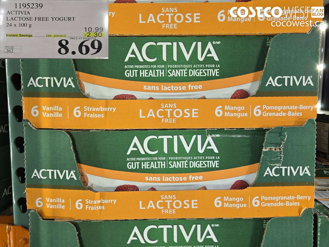 1195239 ACTIVIA LACTOSE FREE YOGURT 24 X 100 G ($2.30 INSTANT SAVINGS EXPIRES ON 2026-04-12) $8.69