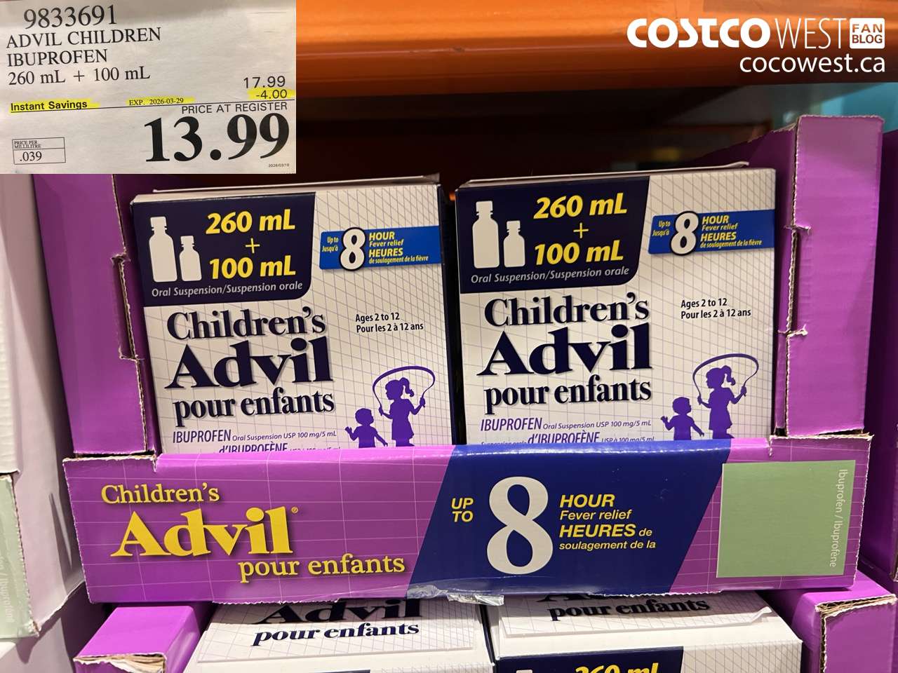 9833691 ADVIL CHILDREN IBUPROFEN 260 ML + 100 ML ($4.00 INSTANT SAVINGS EXPIRES ON 2026-03-29) $13.99