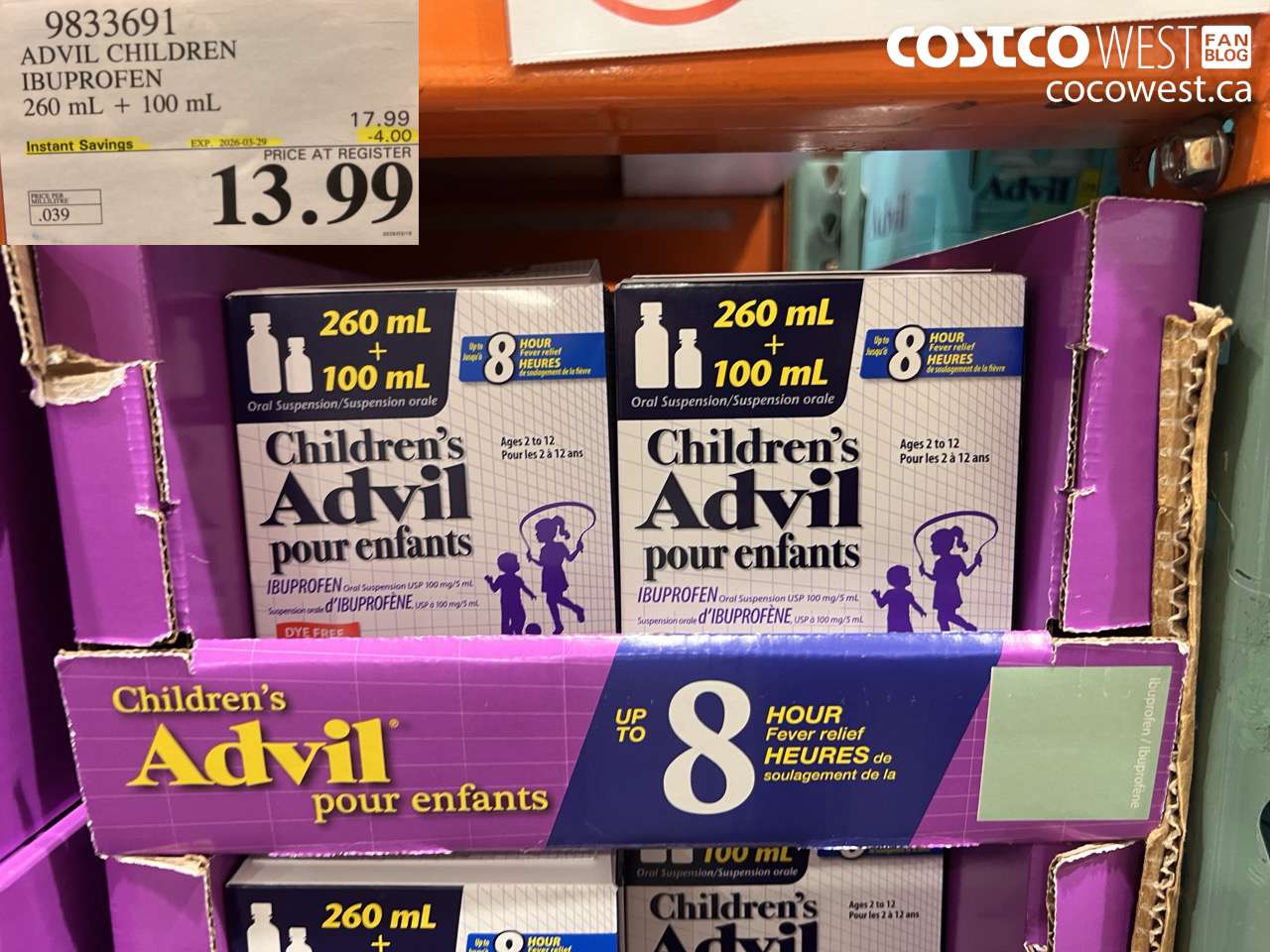 9833691 ADVIL CHILDREN IBUPROFEN 260 ML + 100 ML ($4.00 INSTANT SAVINGS EXPIRES ON 2026-03-29) $13.99