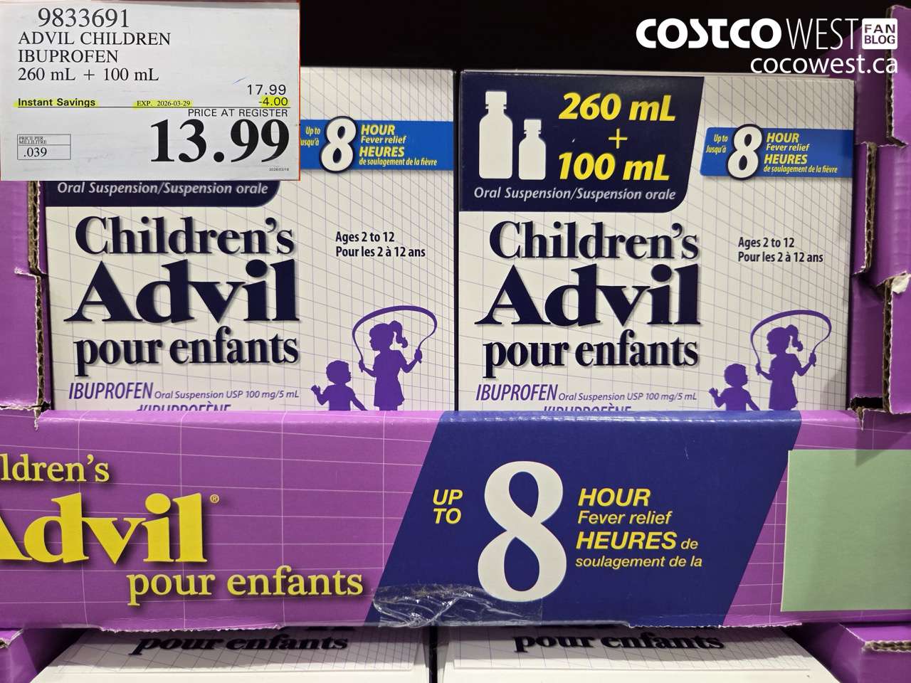 9833691 ADVIL CHILDREN IBUPROFEN 260 ML + 100 ML ($4.00 INSTANT SAVINGS EXPIRES ON 2026-03-29) $13.99