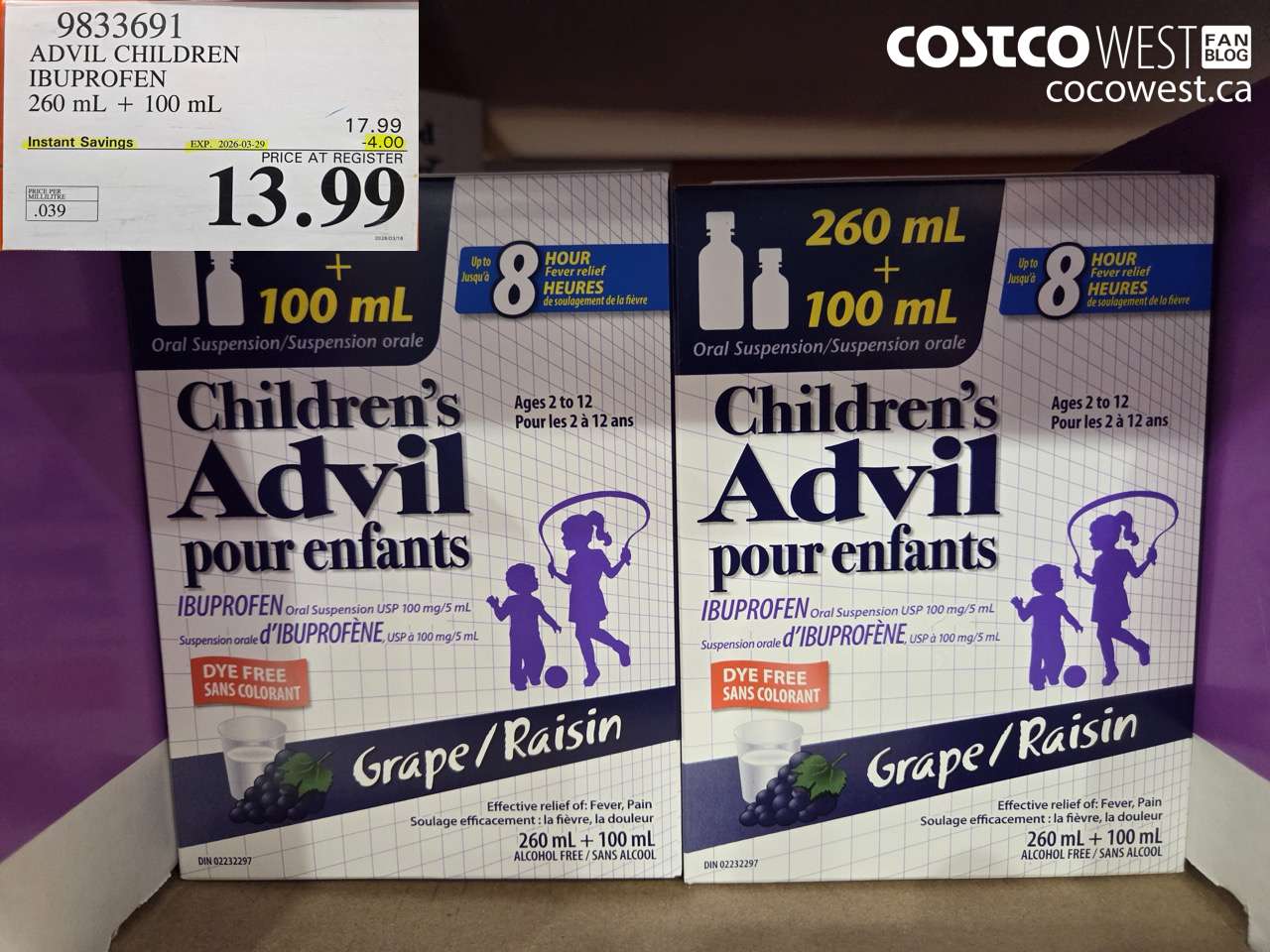 9833691 ADVIL CHILDREN IBUPROFEN 260 ML + 100 ML ($4.00 INSTANT SAVINGS EXPIRES ON 2026-03-29) $13.99
