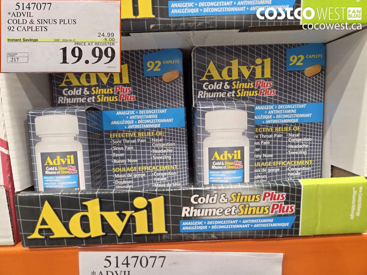 5147077 ADVIL COLD & SINUS PLUS 92 CAPLETS ($5.00 INSTANT SAVINGS EXPIRES ON 2026-04-12) $19.99