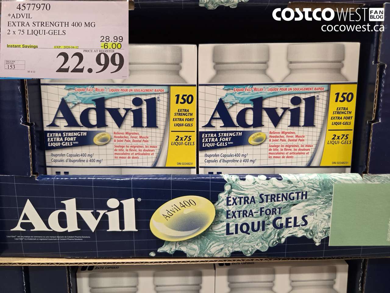 4577970 ADVIL EXTRA STRENGTH 400 MG 2 X 75 LIQI-GELS ($6.00 INSTANT SAVINGS EXPIRES ON 2026-04-12) $22.99