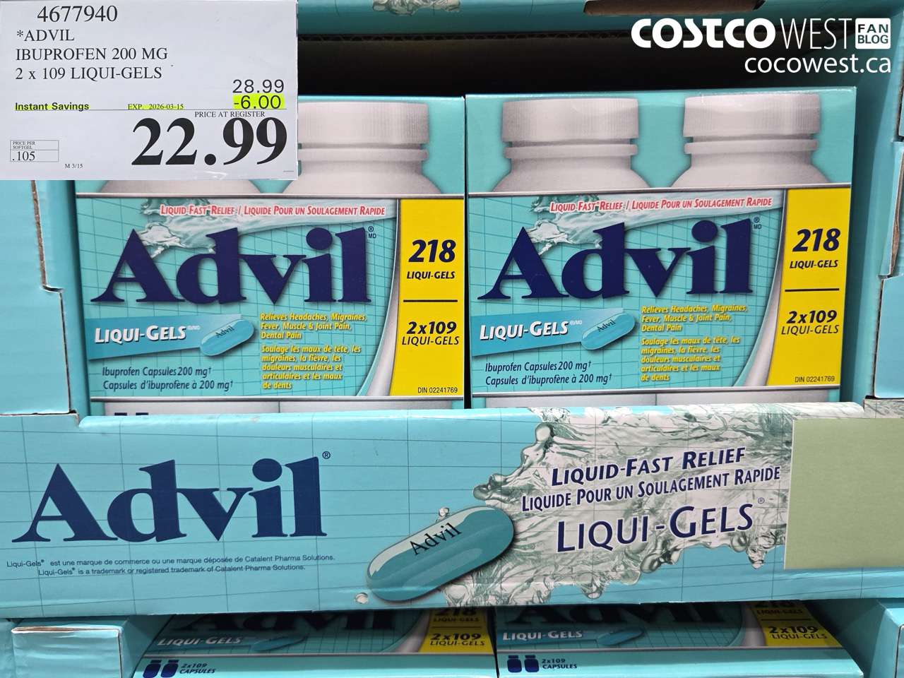 4677940 ADVIL IBUPROFEN 200 MG 2 X 109 LIQUID-GELS ($6.00 INSTANT SAVINGS EXPIRES ON 2026-03-15) $22.99