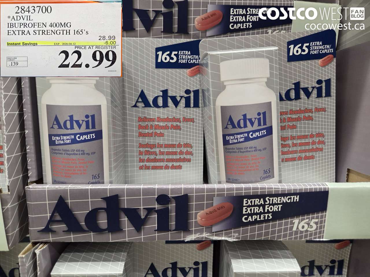 2843700 ADVIL IBUPROFEN 400MG EXTRA STRENGTH 165'S ($6.00 INSTANT SAVINGS EXPIRES ON 2026-04-12) $22.99