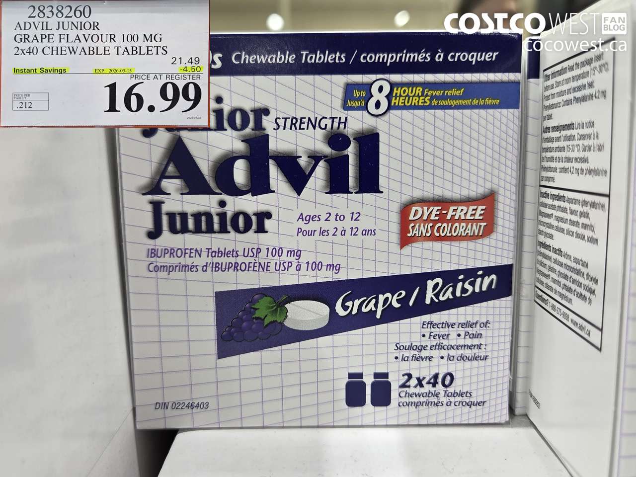 2838260 ADVIL JUNIOR GRAPE FLAVOUR 100 MG 2X40 CHEWABLE TABLETS ($4.50 INSTANT SAVINGS EXPIRES ON 2026-03-15) $16.99