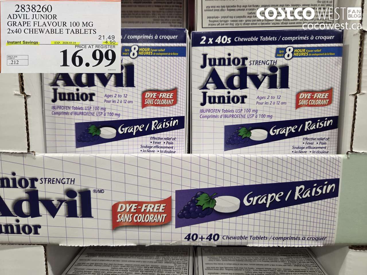 2838260 ADVIL JUNIOR GRAPE FLAVOUR 100 MG 2x40 CHEWABLE TABLETS ($4.50 INSTANT SAVINGS EXPIRES ON 2026-03-15) $16.99