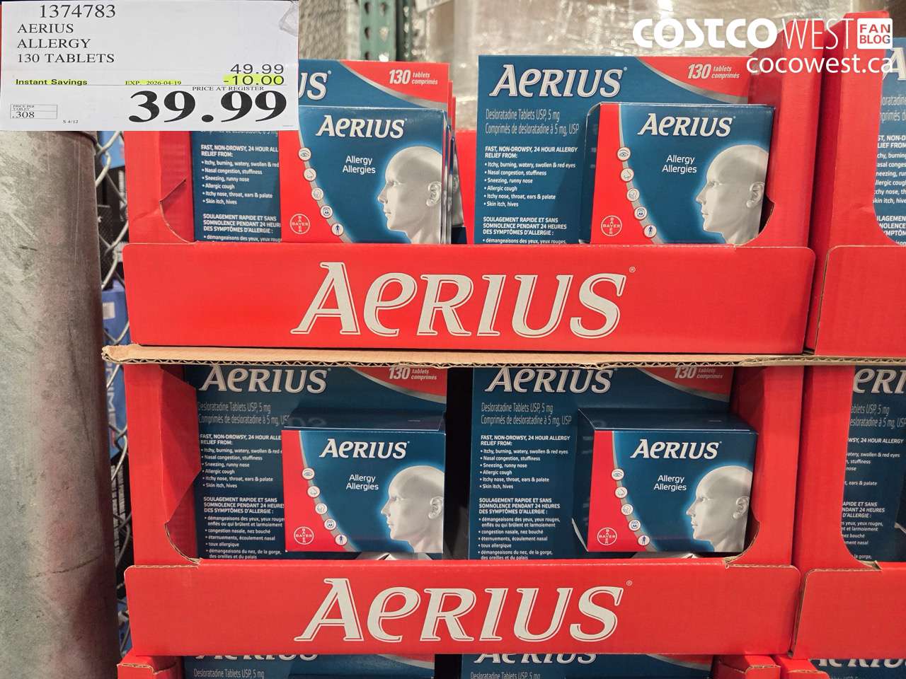1374783 AERIUS ALLERGY 130 TABLETS ($10.00 INSTANT SAVINGS EXPIRES ON 2026-04-19) $39.99