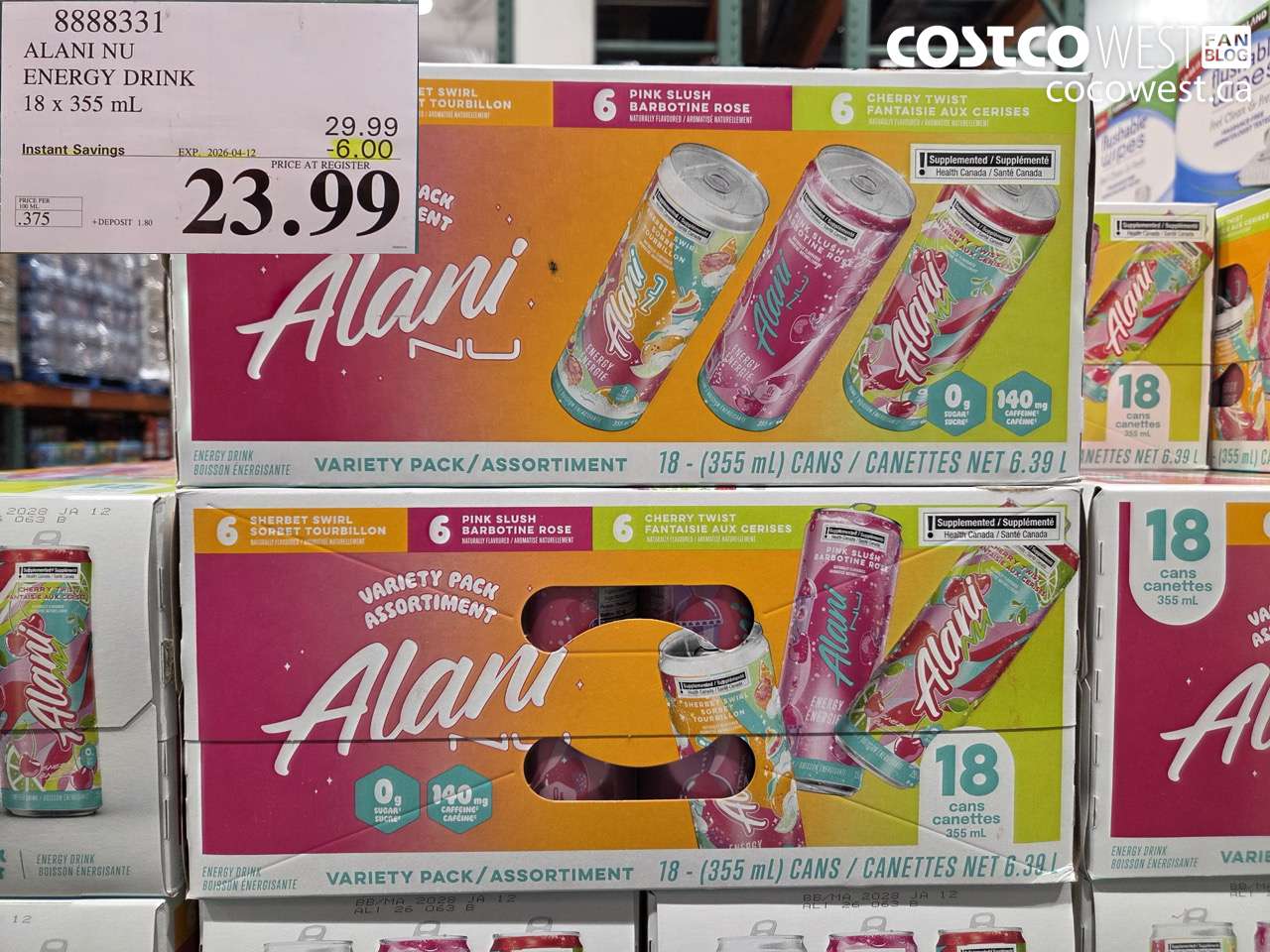 8888331 ALANI NU ENERGY DRINK 18 X 355ML ($6.00 INSTANT SAVINGS EXPIRES ON 2026-04-12) $23.99