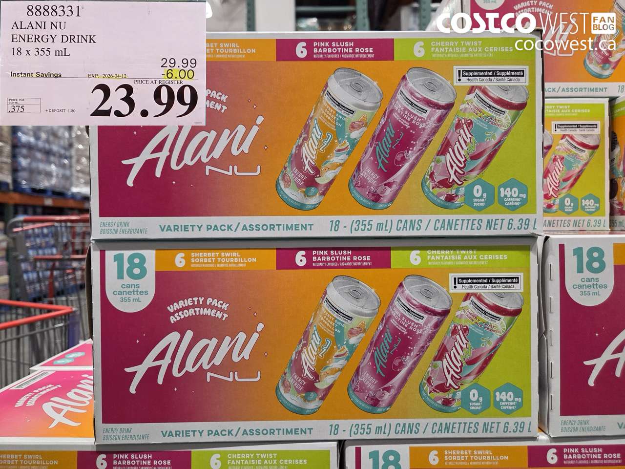 8888331 ALANI NU ENERGY DRINK 18 X 355 ML ($6.00 INSTANT SAVINGS EXPIRES ON 2026-04-12) $23.99