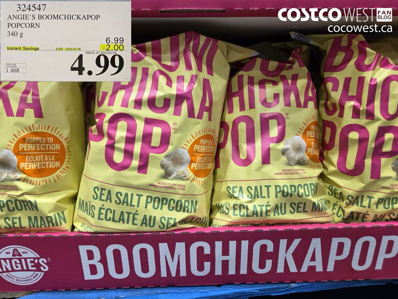 324547 ANGIE'S BOOMCHICKAPOP POPCORN 340G ($2.00 INSTANT SAVINGS EXPIRES ON 2026-03-08) $4.99